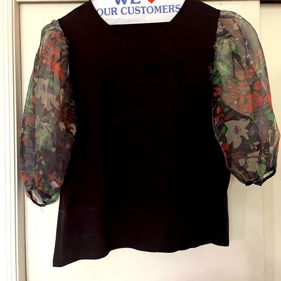 Zara Black shirt with sheer floral short sleeves size Large - Picture 1 of 8